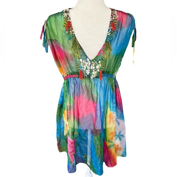 Michael Simon 100% Silk Multicolor Vibrant Shimmery Embellished Tunic Blouse- S‎ - Picture 2 of 12